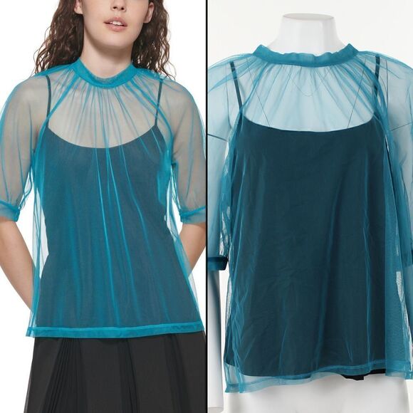 DKNY Women's Tulle Puff Sleeve Top - Picture 1 of 5